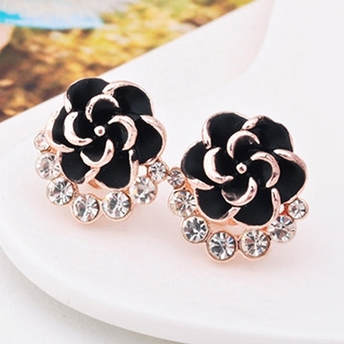 Women Peony Camellia Flower Rhinestones Alloy Ear Stud Earrings Party Jewelry Image 7