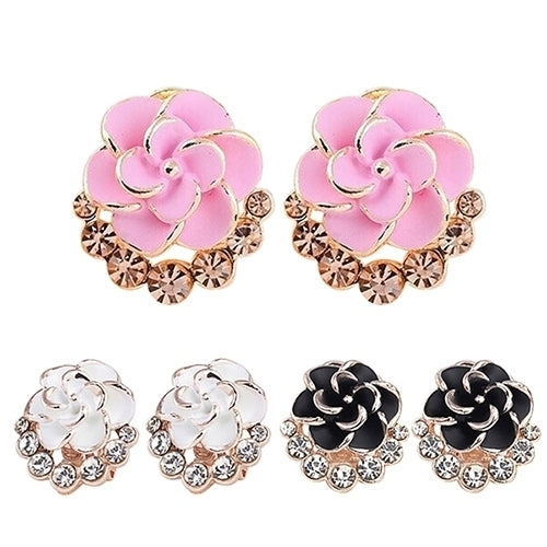 Women Peony Camellia Flower Rhinestones Alloy Ear Stud Earrings Party Jewelry Image 8