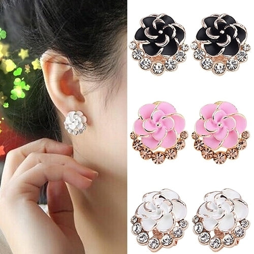 Women Peony Camellia Flower Rhinestones Alloy Ear Stud Earrings Party Jewelry Image 9