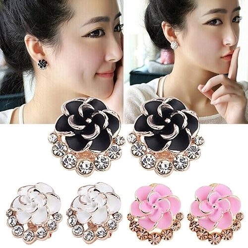 Women Peony Camellia Flower Rhinestones Alloy Ear Stud Earrings Party Jewelry Image 10