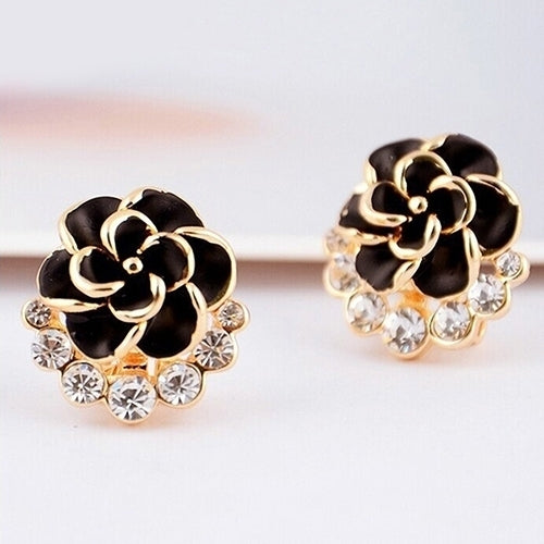 Women Peony Camellia Flower Rhinestones Alloy Ear Stud Earrings Party Jewelry Image 12