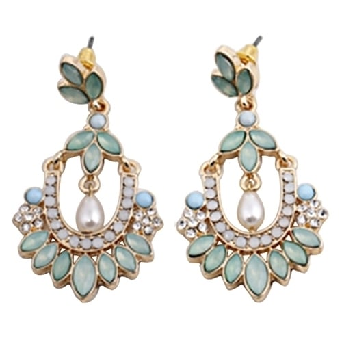 Women Flower Chandelier Earrings Acrylic Rhinestone Faux Pearl Ear Stud Jewelry Image 2