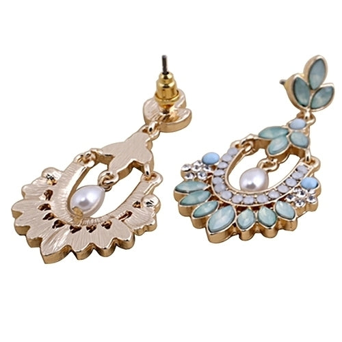 Women Flower Chandelier Earrings Acrylic Rhinestone Faux Pearl Ear Stud Jewelry Image 4