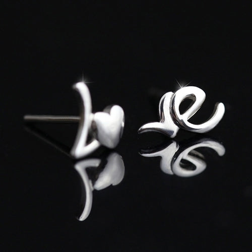 Women Fashion Silver Plated Heart Love Letter Asymmetry Ear Studs Earrings Image 1