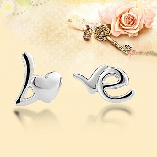 Women Fashion Silver Plated Heart Love Letter Asymmetry Ear Studs Earrings Image 2