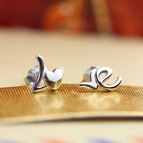 Women Fashion Silver Plated Heart Love Letter Asymmetry Ear Studs Earrings Image 3