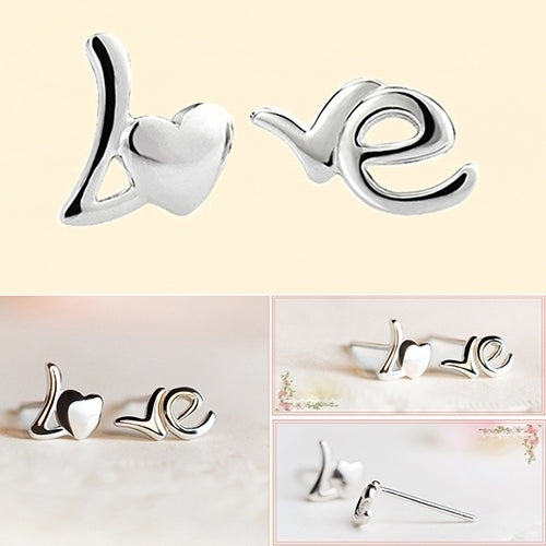 Women Fashion Silver Plated Heart Love Letter Asymmetry Ear Studs Earrings Image 4