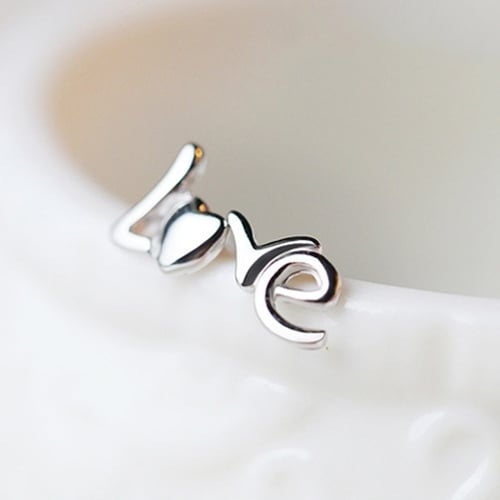 Women Fashion Silver Plated Heart Love Letter Asymmetry Ear Studs Earrings Image 6