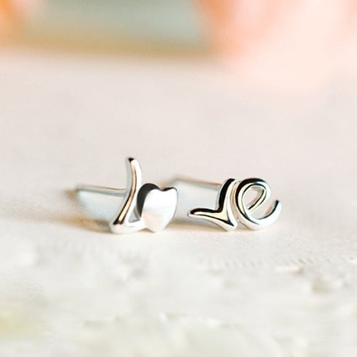 Women Fashion Silver Plated Heart Love Letter Asymmetry Ear Studs Earrings Image 7