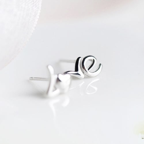 Women Fashion Silver Plated Heart Love Letter Asymmetry Ear Studs Earrings Image 8