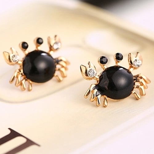 Women Sea Life Crab Rhinestones Ear Studs Golden Alloy Earrings Fashion Jewelry Image 3
