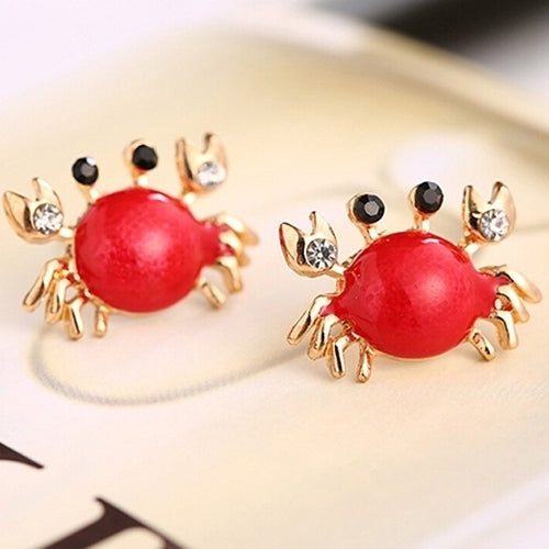 Women Sea Life Crab Rhinestones Ear Studs Golden Alloy Earrings Fashion Jewelry Image 4