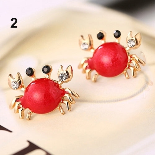 Women Sea Life Crab Rhinestones Ear Studs Golden Alloy Earrings Fashion Jewelry Image 7