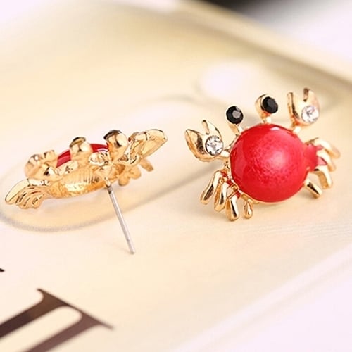 Women Sea Life Crab Rhinestones Ear Studs Golden Alloy Earrings Fashion Jewelry Image 8