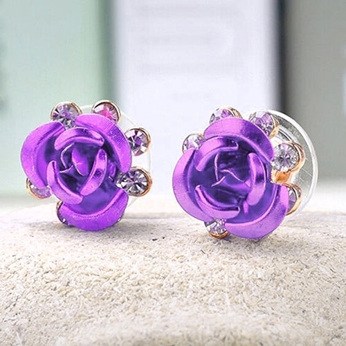 Womens Fashion Rose Flower Ear Studs Rhinestone Inlaid Earrings Jewelry Gift Image 11