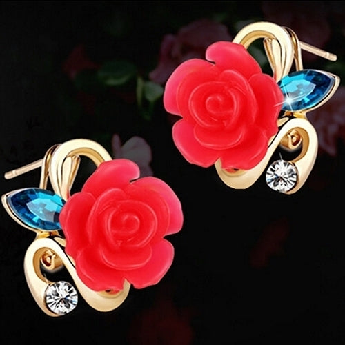 Women Cute Lady Rhinestone Resin Rose Flower Earrings Ear Studs Jewelry Gift Image 1