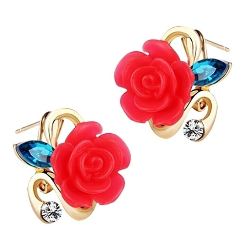 Women Cute Lady Rhinestone Resin Rose Flower Earrings Ear Studs Jewelry Gift Image 4