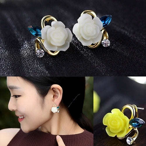 Women Cute Lady Rhinestone Resin Rose Flower Earrings Ear Studs Jewelry Gift Image 7