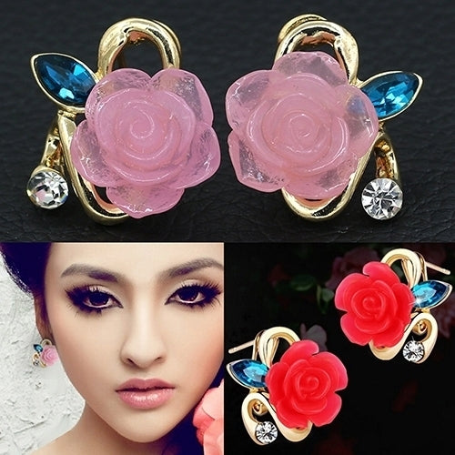 Women Cute Lady Rhinestone Resin Rose Flower Earrings Ear Studs Jewelry Gift Image 8