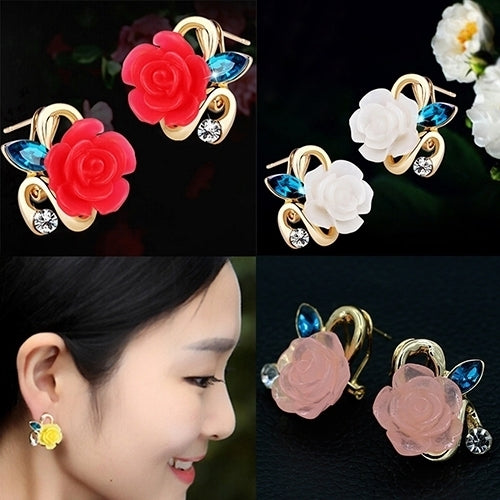 Women Cute Lady Rhinestone Resin Rose Flower Earrings Ear Studs Jewelry Gift Image 9