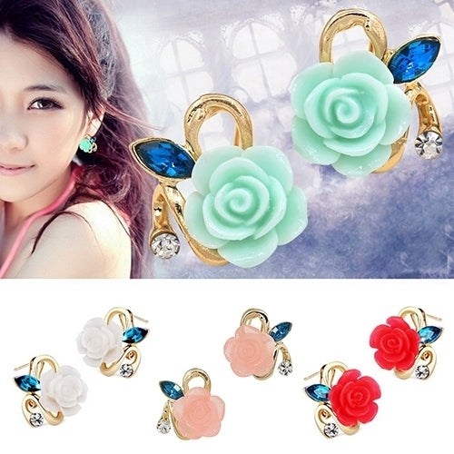 Women Cute Lady Rhinestone Resin Rose Flower Earrings Ear Studs Jewelry Gift Image 10