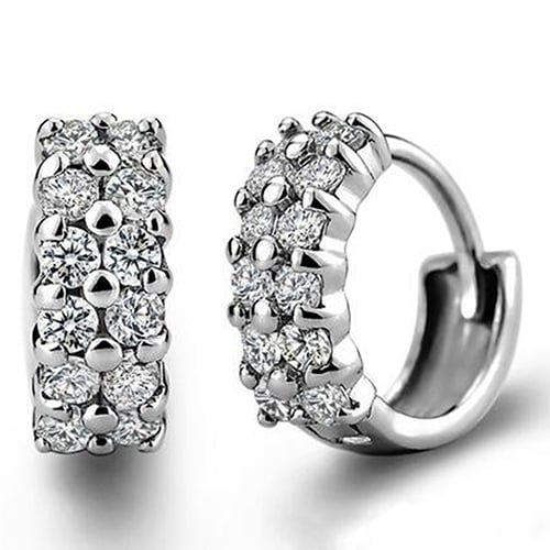 Womens Double Rows Clear Cubic Zirconia Hoop Huggie Wedding Party Earrings Image 1