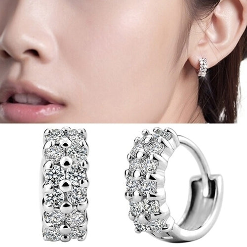 Womens Double Rows Clear Cubic Zirconia Hoop Huggie Wedding Party Earrings Image 2