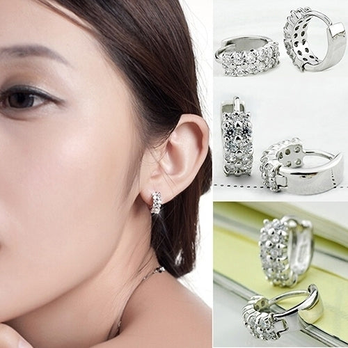 Womens Double Rows Clear Cubic Zirconia Hoop Huggie Wedding Party Earrings Image 4