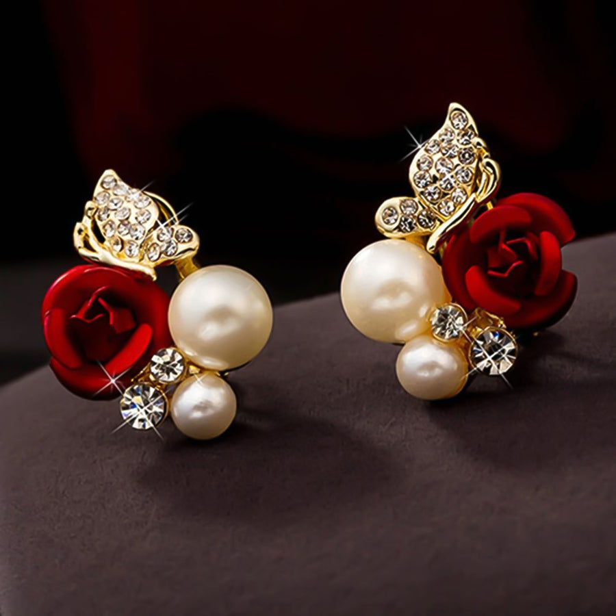 Earrings Red Rose Flower Faux Pearl Decor Exquisite Alloy Ear Studs Jewelry Gift for Party Image 1