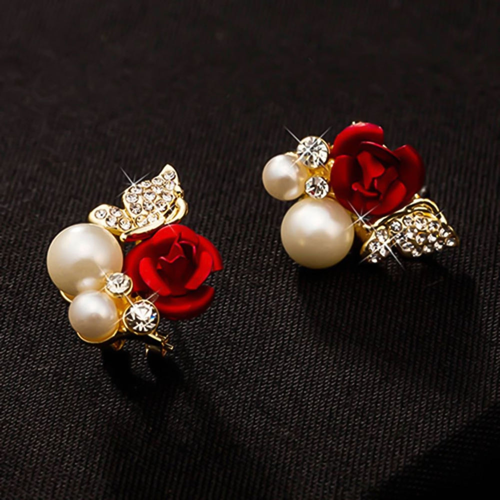 Earrings Red Rose Flower Faux Pearl Decor Exquisite Alloy Ear Studs Jewelry Gift for Party Image 2