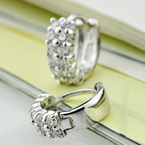 Womens Double Rows Clear Cubic Zirconia Hoop Huggie Wedding Party Earrings Image 8