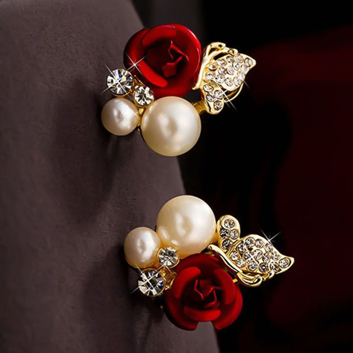 Earrings Red Rose Flower Faux Pearl Decor Exquisite Alloy Ear Studs Jewelry Gift for Party Image 3