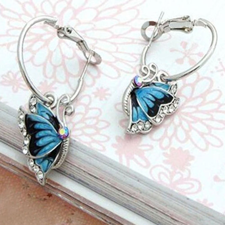 Women 1Pair Blue Crystal Rhinestone Enamel Butterfly Dangle Hoop Earrings Earbob Image 1