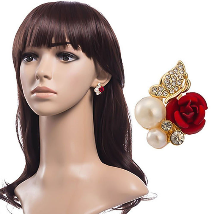 Earrings Red Rose Flower Faux Pearl Decor Exquisite Alloy Ear Studs Jewelry Gift for Party Image 4