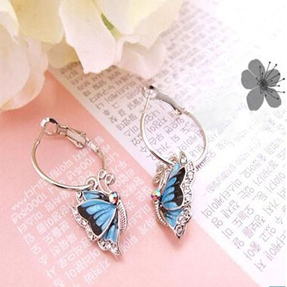 Women 1Pair Blue Crystal Rhinestone Enamel Butterfly Dangle Hoop Earrings Earbob Image 2