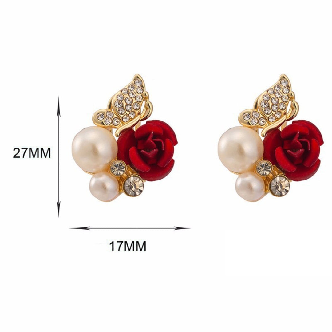 Earrings Red Rose Flower Faux Pearl Decor Exquisite Alloy Ear Studs Jewelry Gift for Party Image 4