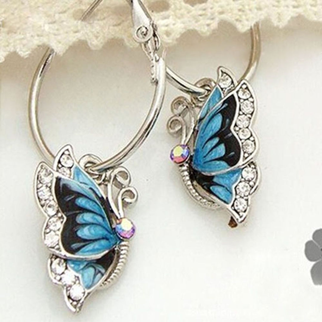 Women 1Pair Blue Crystal Rhinestone Enamel Butterfly Dangle Hoop Earrings Earbob Image 3