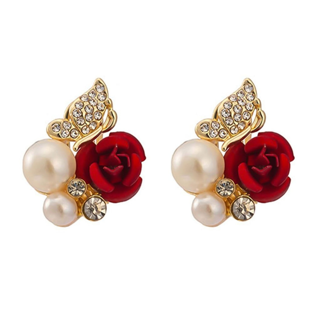 Earrings Red Rose Flower Faux Pearl Decor Exquisite Alloy Ear Studs Jewelry Gift for Party Image 7