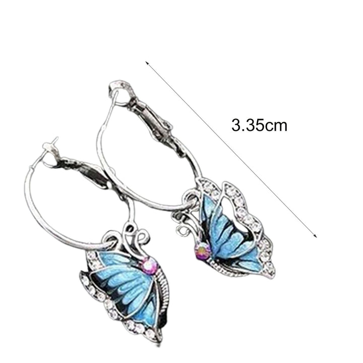 Women 1Pair Blue Crystal Rhinestone Enamel Butterfly Dangle Hoop Earrings Earbob Image 4