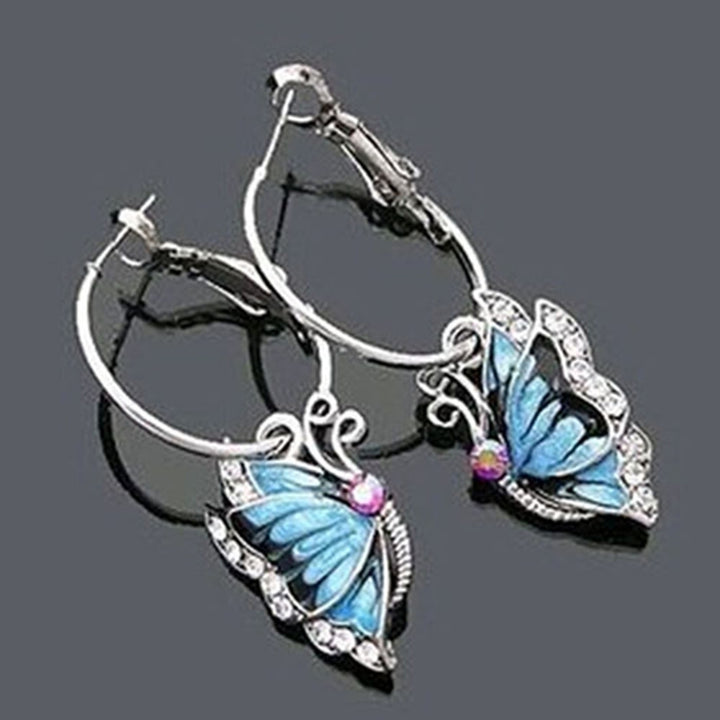 Women 1Pair Blue Crystal Rhinestone Enamel Butterfly Dangle Hoop Earrings Earbob Image 6