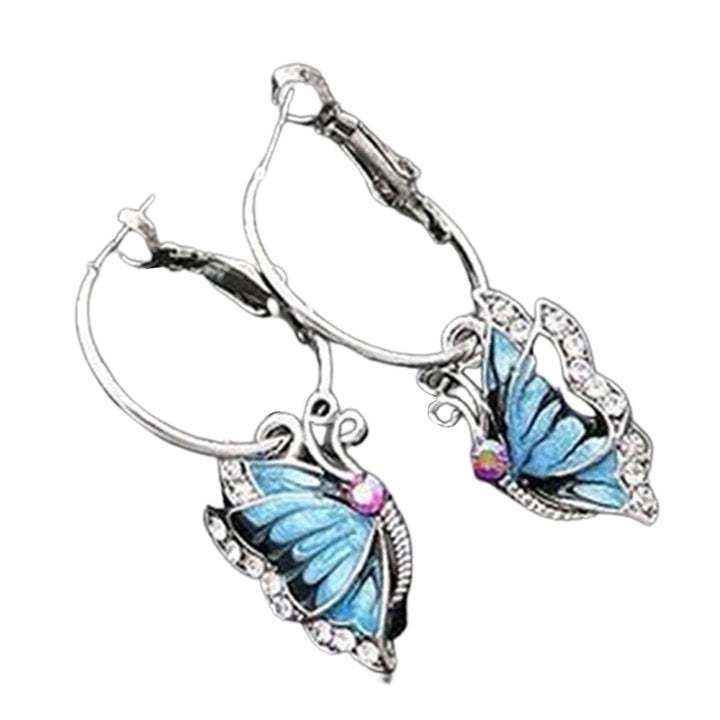 Women 1Pair Blue Crystal Rhinestone Enamel Butterfly Dangle Hoop Earrings Earbob Image 9