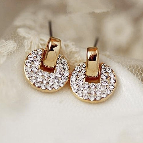 Full Rhinestone Copper Coin Ear Studs Earrings Lady Palace Style Eardrop Jewelry Image 1