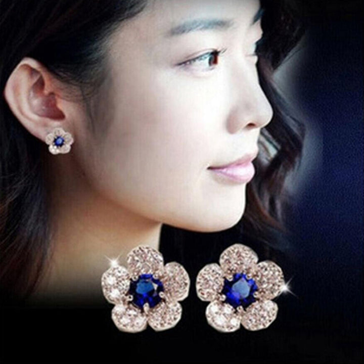 Earrings Flower Shape Design Charming Alloy Rhinestones Inlaid Ear Studs for Women Image 2