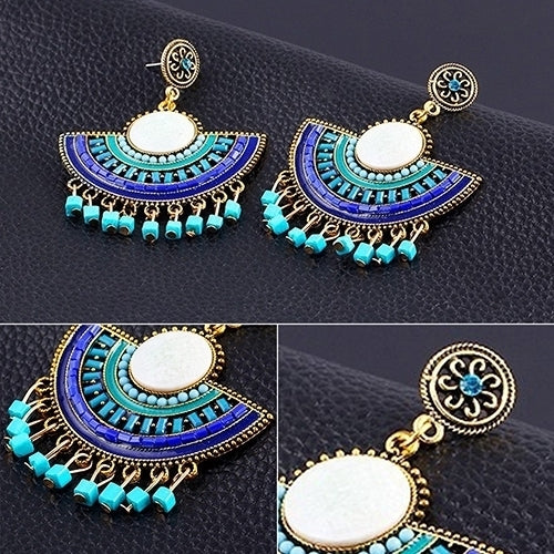 Women Bohemian Style Flower Tassels Beads Charm Hollow Pendant Earrings Jewelry Image 2