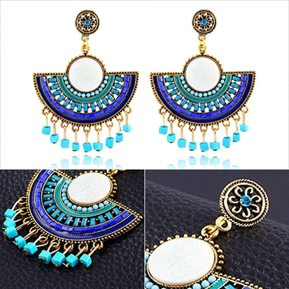 Women Bohemian Style Flower Tassels Beads Charm Hollow Pendant Earrings Jewelry Image 4