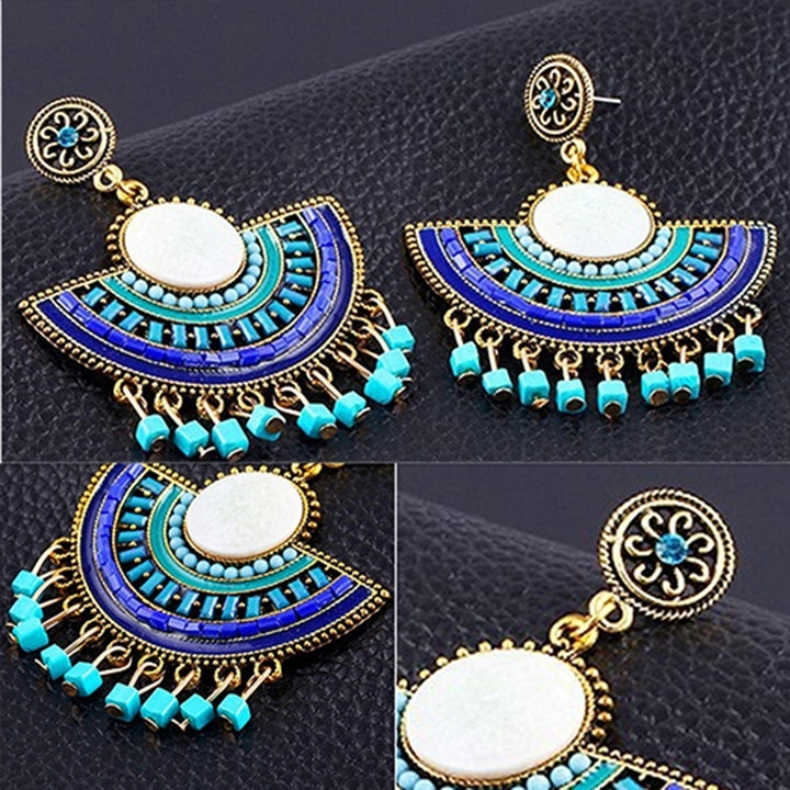 Women Bohemian Style Flower Tassels Beads Charm Hollow Pendant Earrings Jewelry Image 6