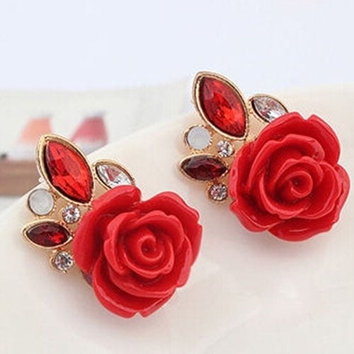 Womens Retro Elegant Rose Flower Rhinestone Inlaid Ear Studs Earrings Gift Image 1