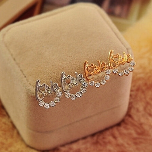 Fashion Women Elegant Shiny Rhinestone Love Letter Ear Stud Earrings Jewelry Image 2