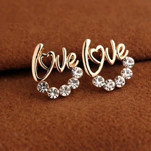 Fashion Women Elegant Shiny Rhinestone Love Letter Ear Stud Earrings Jewelry Image 3