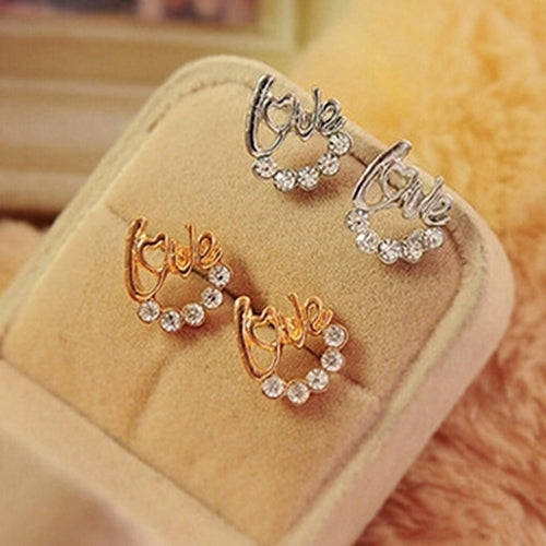 Fashion Women Elegant Shiny Rhinestone Love Letter Ear Stud Earrings Jewelry Image 4